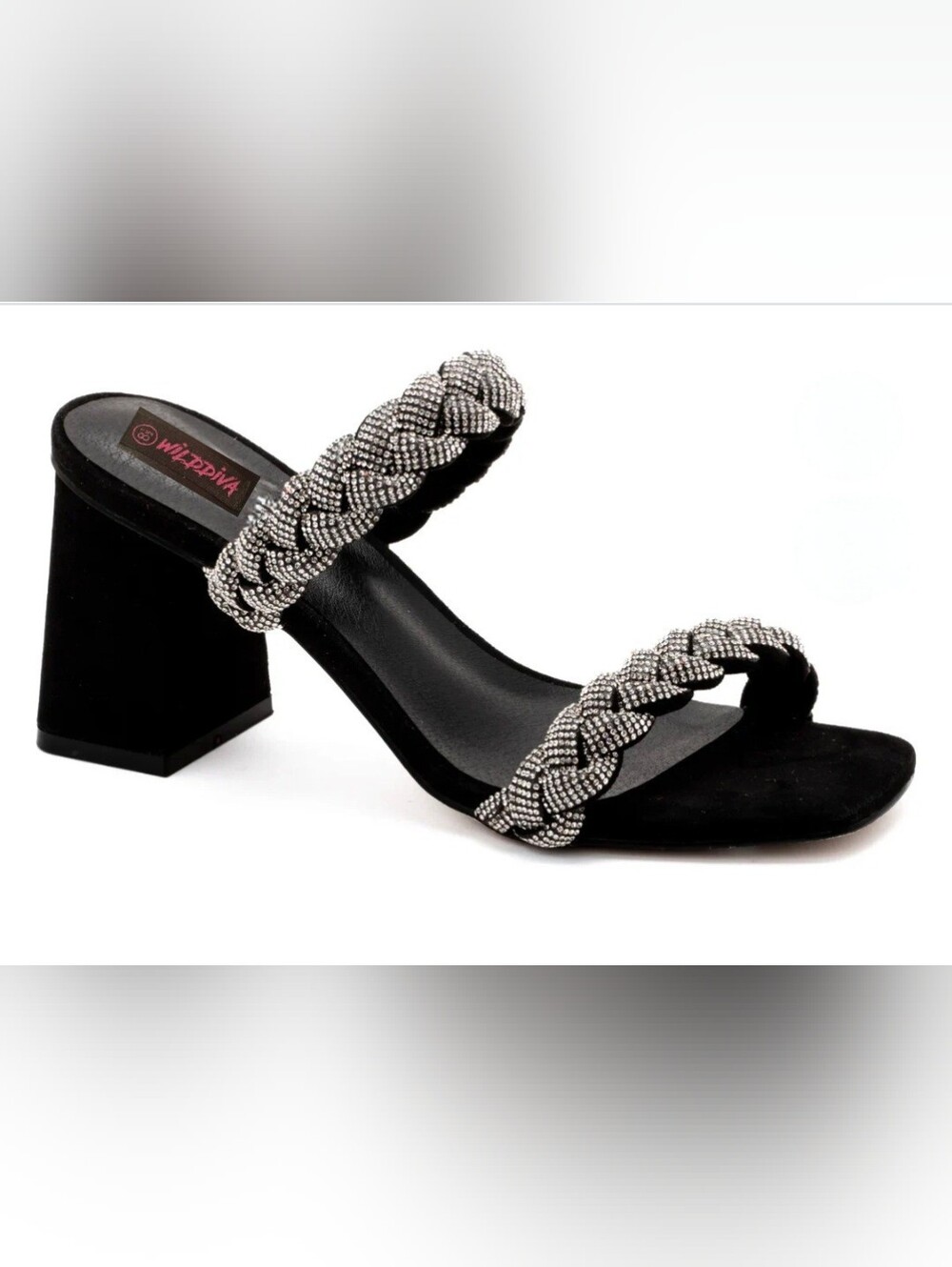 Black Crystal-Braided Block Heel Sandal by Wild Diva